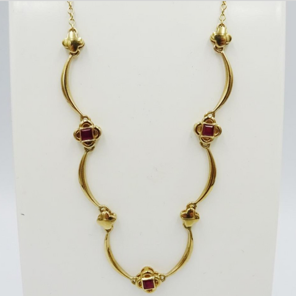 9ct Yellow Gold Ruby Floral Link Necklace 16"