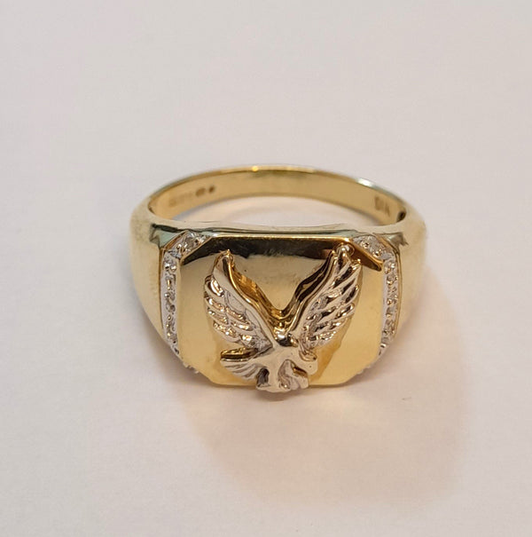 9ct Gold Gents Diamond set Signet Ring with Eagle Design 4.79gr