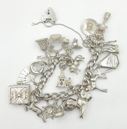 Silver Charm Bracelet with Padlock and Assorted Charms 85.4gr