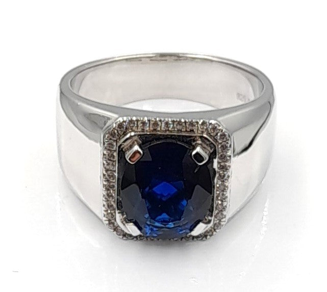 Silver Blue Stone & CZ Signet Style Ring, T 1/2. 9gr