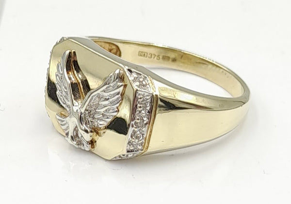 9ct Gold Gents Diamond set Signet Ring with Eagle Design 4.79gr