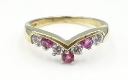 9ct gold synthetic Ruby & CZ wishbone ring. Size O. 2.75gr