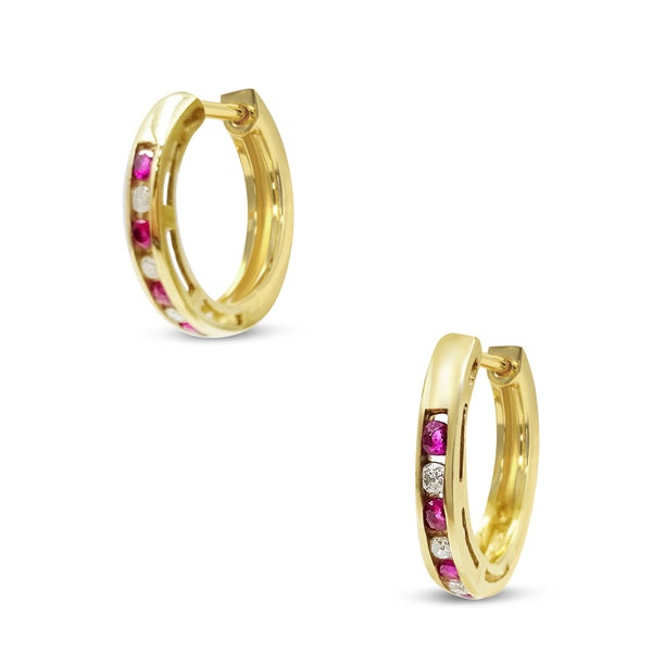 9ct Gold Ruby and Diamond Hoop Earrings