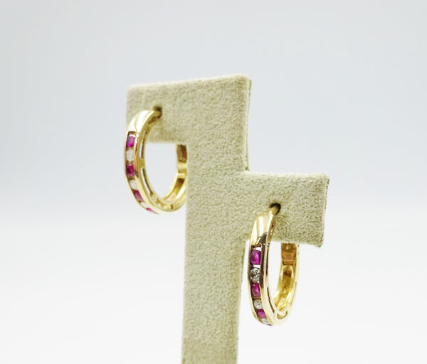 9ct Gold Ruby and Diamond Hoop Earrings