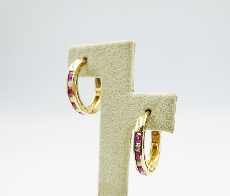 9ct Gold Ruby and Diamond Hoop Earrings