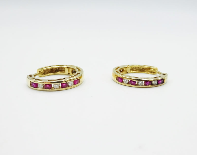 9ct Gold Ruby and Diamond Hoop Earrings