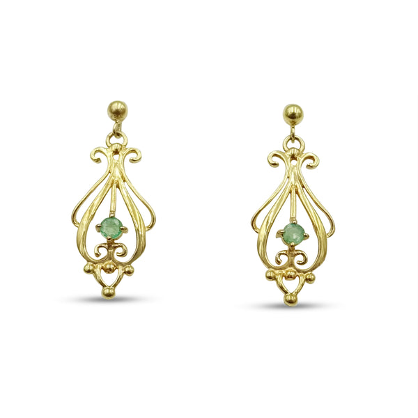 9ct Yellow Gold Emerald Filigree Drop Earrings