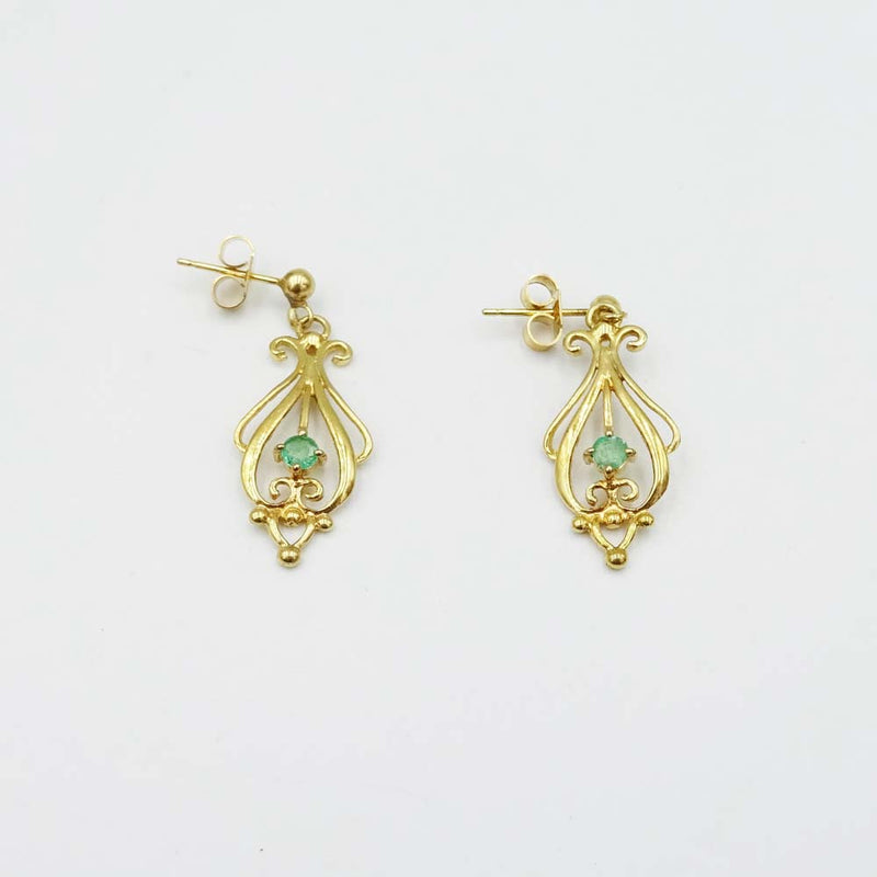 9ct Yellow Gold Emerald Filigree Drop Earrings
