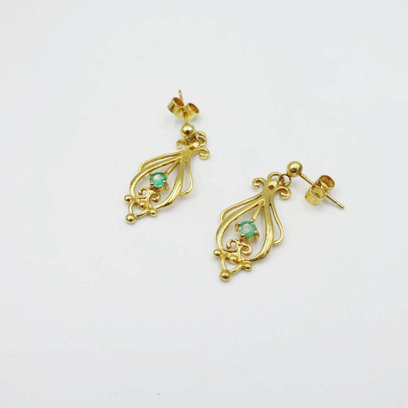 9ct Yellow Gold Emerald Filigree Drop Earrings