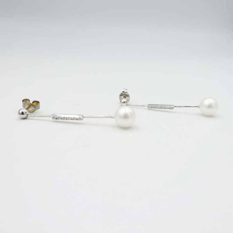 9ct White Gold Diamond and Pearl Drop Earrings