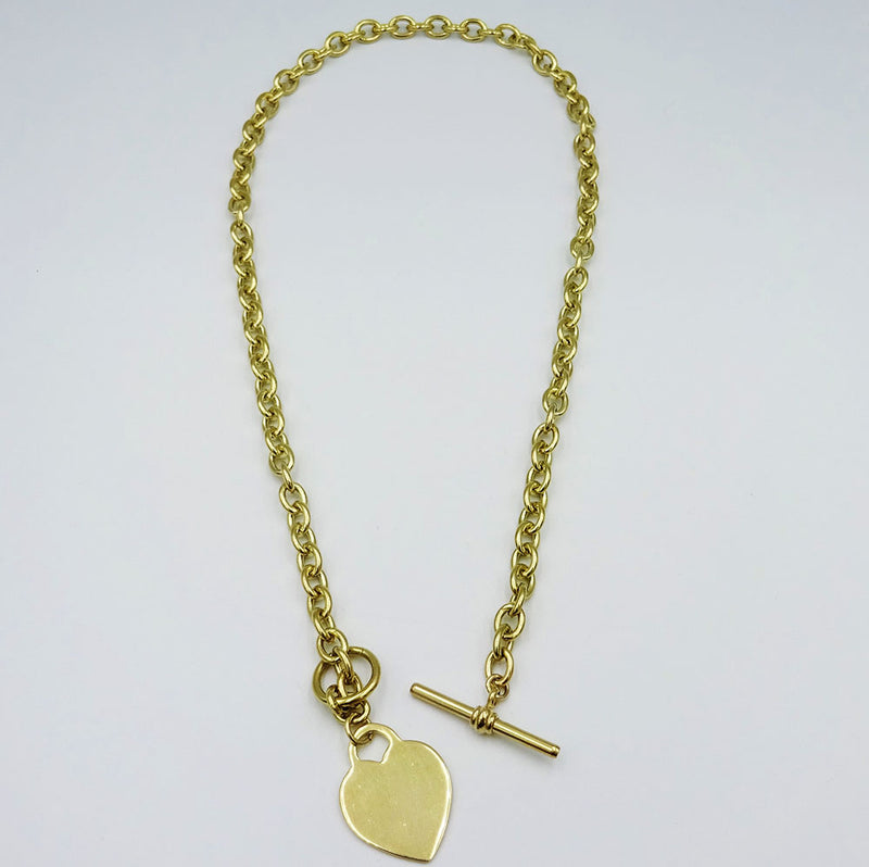 9ct Yellow Gold 375 Hall Marked Solid T Bar Heart Charm Chain 36.7g 16inch - Richard Miles Jewellers