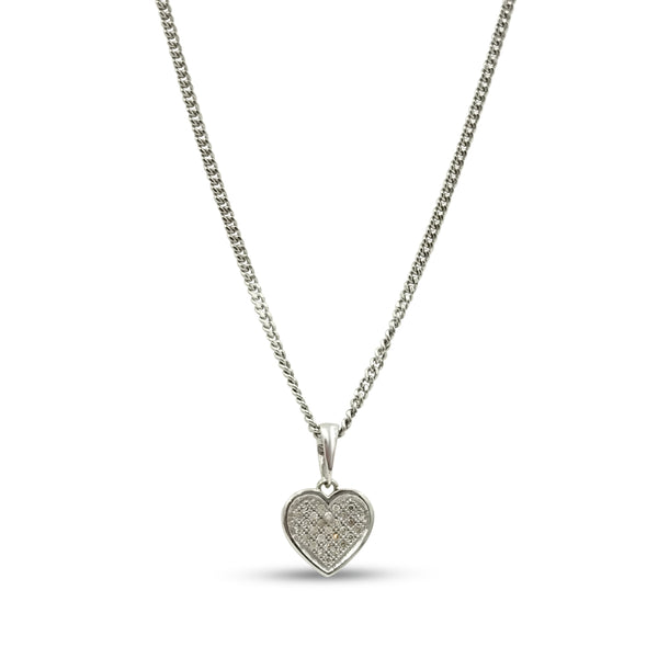 9ct White Gold Curb Chain Necklace 18" and Diamond Heart Pendant