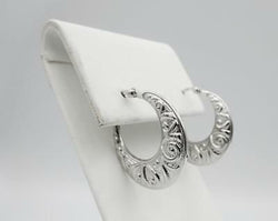9ct White Gold 375 Pattern Embossed Creole Ladies Hoop Earrings 23mm - Richard Miles Jewellers