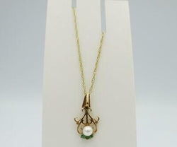 9ct Yellow Gold Emerald Cultured Pearl Fancy Ladies Fine Necklace 1.4g 18inch - Richard Miles Jewellers