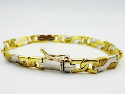9ct White Yellow Gold Heavy Flat Interlocking Safety Clip Bracelet 7.5inch 18g - Richard Miles Jewellers