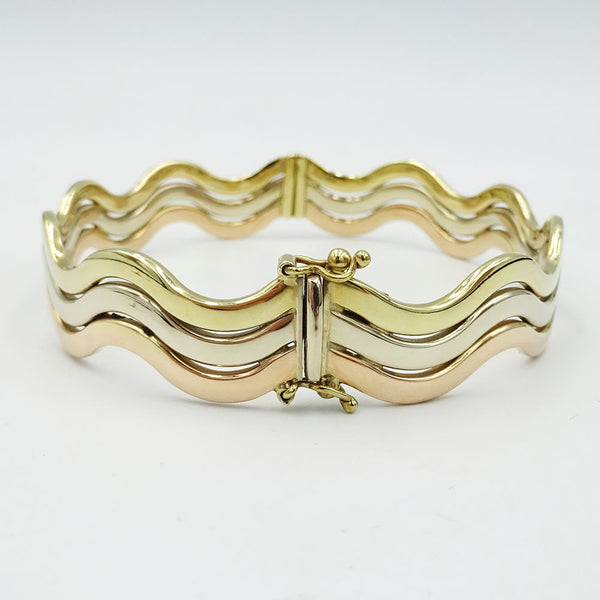 9ct 3 Colour Gold Triple Wave Bangle 20.5g - Richard Miles Jewellers