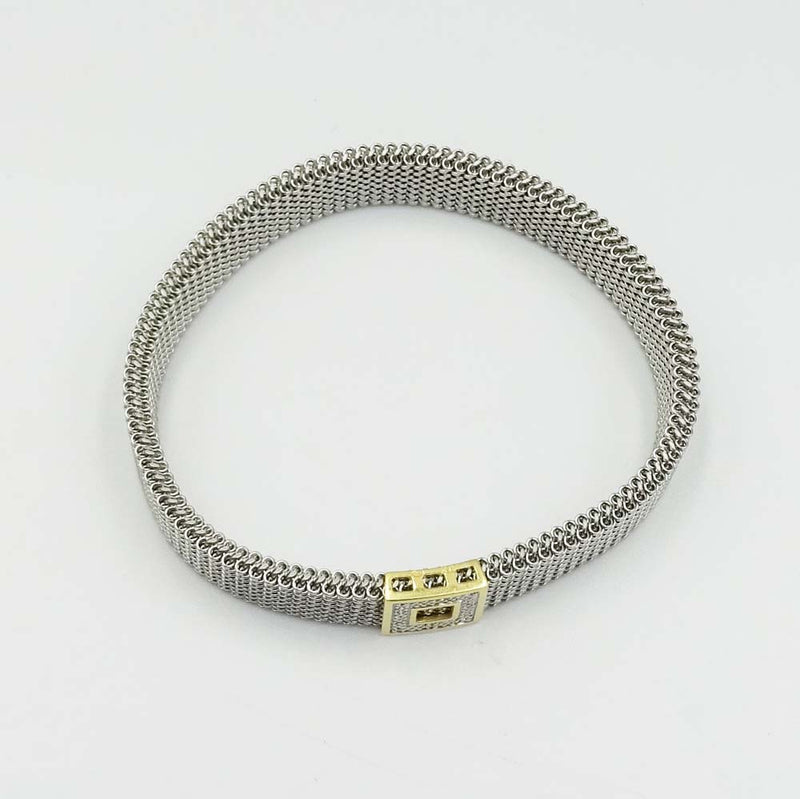 Stainless Steel Expander Bracelet With 18ct Yellow Gold & Diamond Plaque 6"