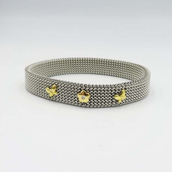 Steel Expander Bracelet With 18ct Gold & Diamond Floral Butterfly Design 6"