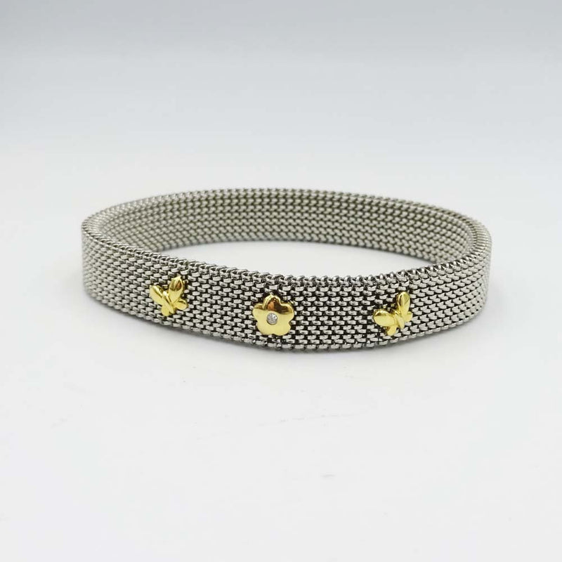 Steel Expander Bracelet With 18ct Gold & Diamond Floral Butterfly Design 6"