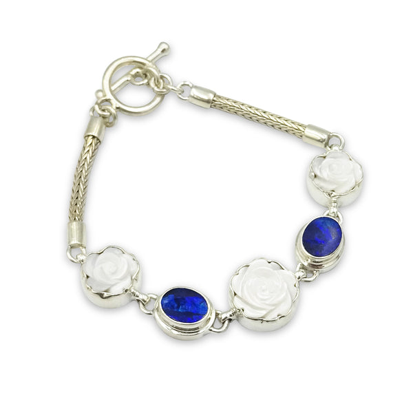 Mother of Pearl Rose and Blue Stone Silver Bracelet 7"