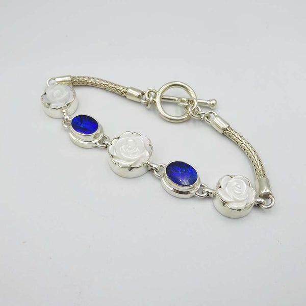 Mother of Pearl Rose and Blue Stone Silver Bracelet 7"