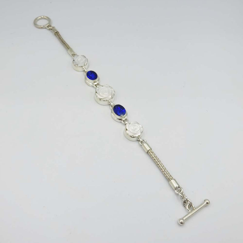 Mother of Pearl Rose and Blue Stone Silver Bracelet 7"