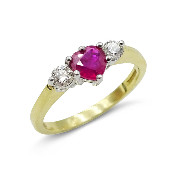 18ct Yellow Gold Ruby and Diamond Heart Ring Size O 0.18ct