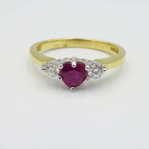 18ct Yellow Gold Ruby and Diamond Heart Ring Size O 0.18ct