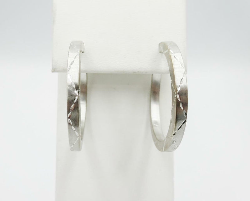9ct White Gold 375 Patterned Matt Finish Ladies Hoop Earrings 33mm 3.2g - Richard Miles Jewellers