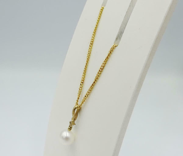 9ct Yellow Gold 375 Cultured 6mm Round Pearl Diamond Mount Necklace 2.6g 16inch - Richard Miles Jewellers