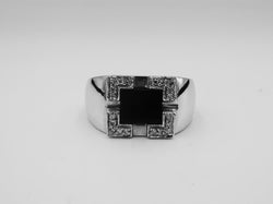 9ct White Gold Heavy Weight Men's Rectangle Onyx 0.20ct Diamond Ring Size S 8.2g - Richard Miles Jewellers