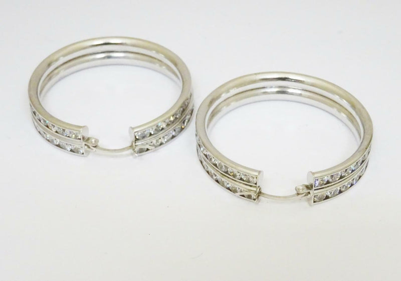 9ct White Gold Two Row CZ Large Heavy Channel Set Stone Hoop Earrings 14.9g 38mm - Richard Miles Jewellers