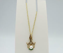 9ct Yellow Gold Emerald Cultured Pearl Fancy Ladies Fine Necklace 1.4g 18inch - Richard Miles Jewellers