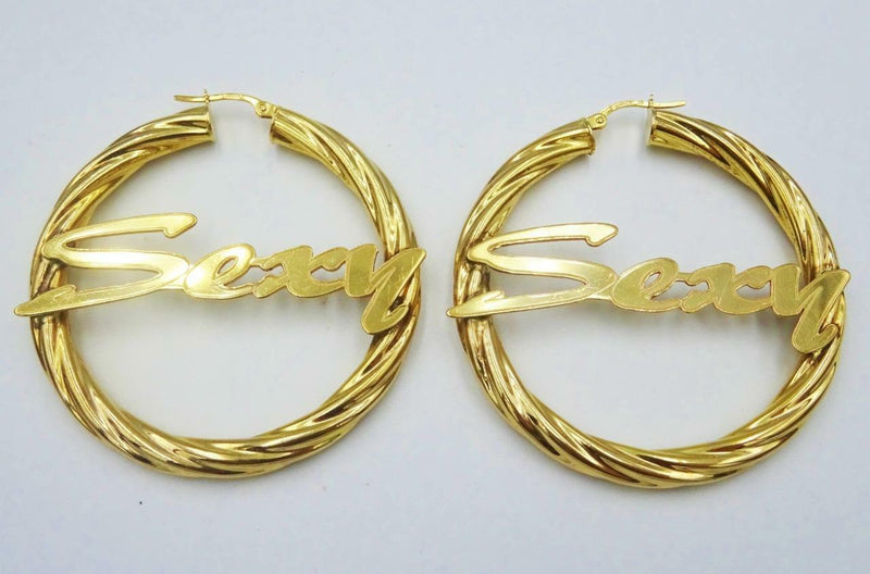 9ct Yellow Gold 375 Hall Marked 'Sexy' Ladies Twist Hoop Earrings 48mm 4.5mm - Richard Miles Jewellers