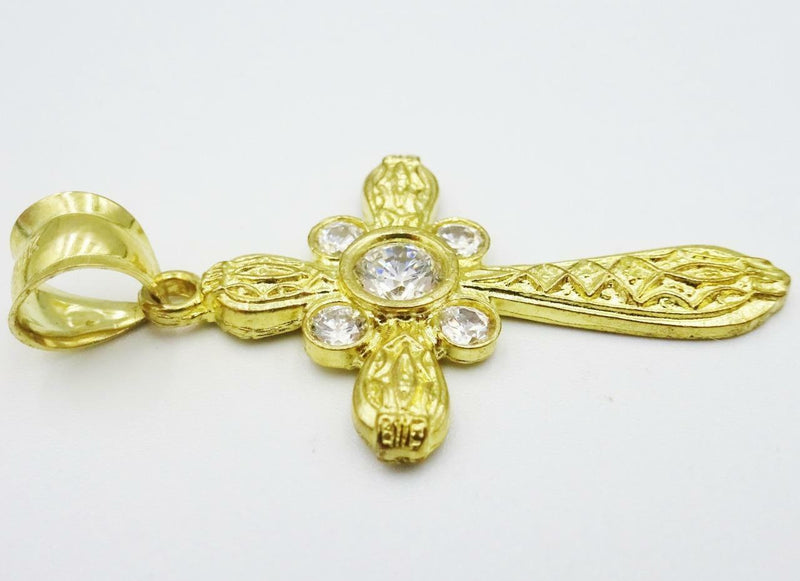 9ct Yellow Gold Fancy Patterned CZ Cross 4.2g 38mm 23mm - Richard Miles Jewellers