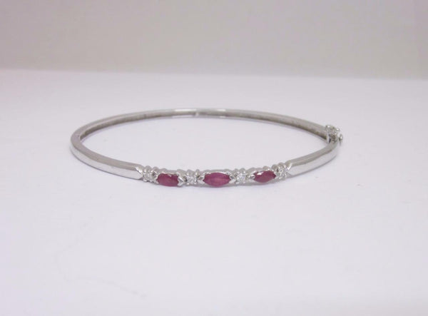 9ct White Gold Diamond and Marquise Cut Ruby 0.12ct Bangle 7inch - Richard Miles Jewellers