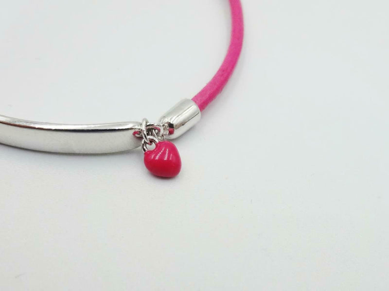 Sterling Silver 925 Heart Pink Leather Girls ID Bracelet 5.5inch 4mm B4785 - Richard Miles Jewellers