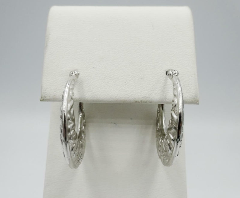 9ct White Gold 375 Pattern Embossed Creole Ladies Hoop Earrings 23mm - Richard Miles Jewellers