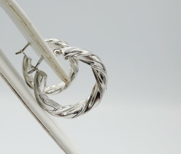 9ct White Gold 375 Hall Marked Fancy Twist Creole Hoop Ladies Earrings 23mm - Richard Miles Jewellers
