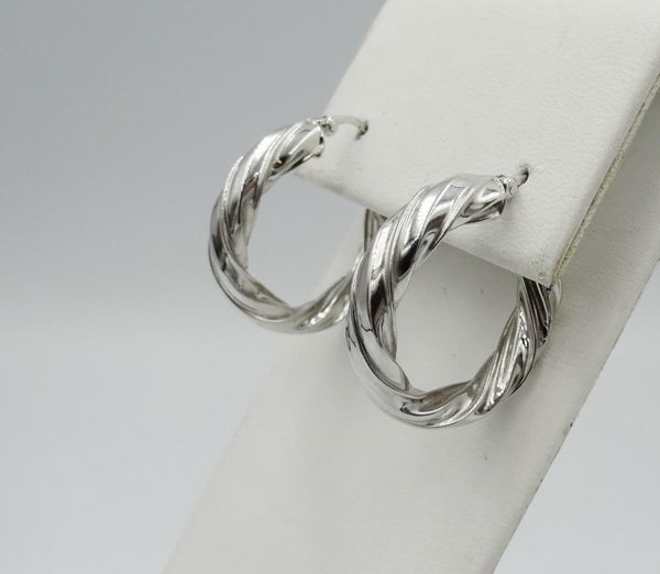9ct White Gold 375 Hall Marked Fancy Twist Creole Hoop Ladies Earrings 23mm - Richard Miles Jewellers