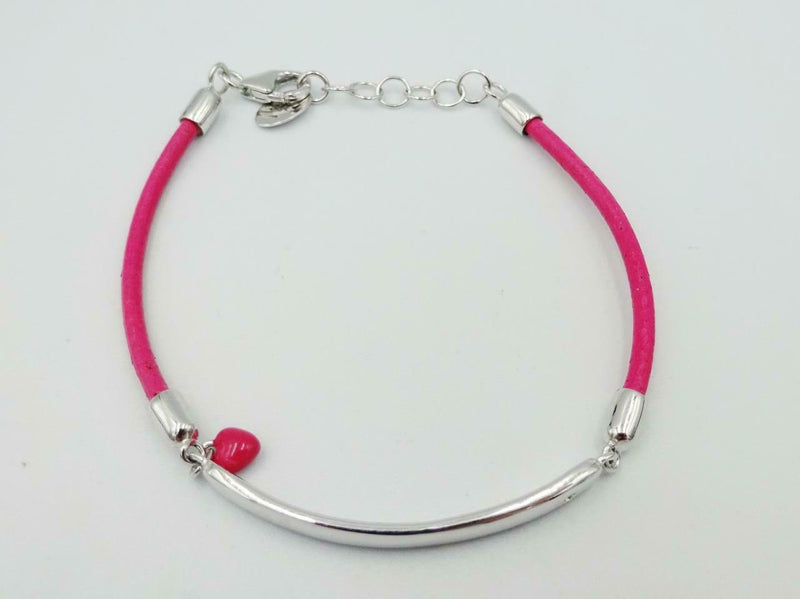 Sterling Silver 925 Heart Pink Leather Girls ID Bracelet 5.5inch 4mm B4785 - Richard Miles Jewellers