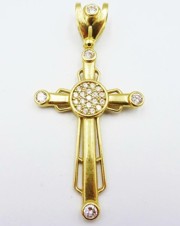 9ct Yellow Gold Round Cut CZ Set Large Sleek Finish Cross 8.1g 52mm 35mm - Richard Miles Jewellers