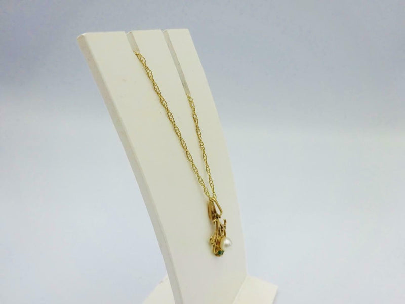 9ct Yellow Gold Emerald Cultured Pearl Fancy Ladies Fine Necklace 1.4g 18inch - Richard Miles Jewellers