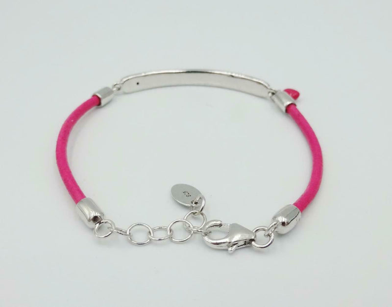Sterling Silver 925 Heart Pink Leather Girls ID Bracelet 5.5inch 4mm B4785 - Richard Miles Jewellers