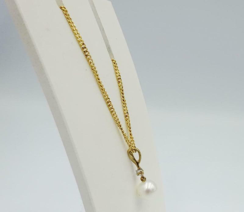 9ct Yellow Gold 375 Cultured 6mm Round Pearl Diamond Mount Necklace 2.6g 16inch - Richard Miles Jewellers