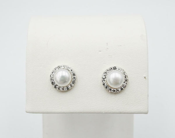 9ct Yellow Gold Ladies Pearl Halo Style Crystal Set Stud Earrings 8mm - Richard Miles Jewellers