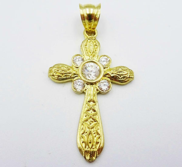 9ct Yellow Gold Fancy Patterned CZ Cross 4.2g 38mm 23mm - Richard Miles Jewellers