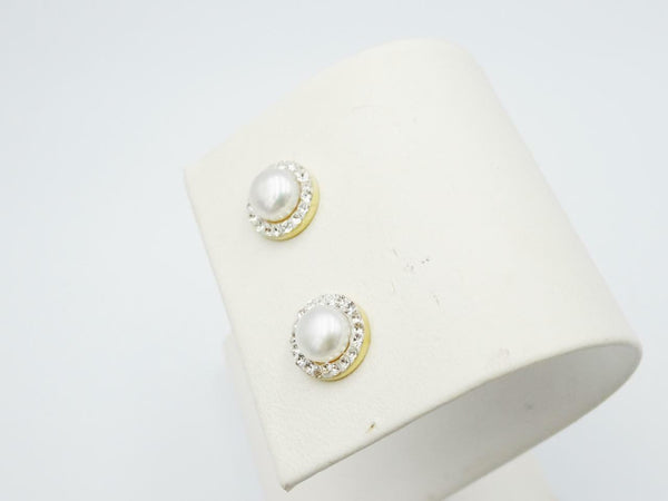 9ct Yellow Gold Ladies Pearl Halo Style Crystal Set Stud Earrings 8mm - Richard Miles Jewellers