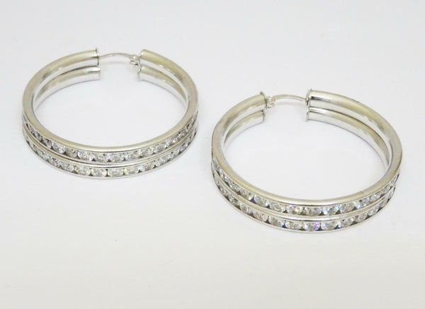 9ct White Gold Two Row CZ Large Heavy Channel Set Stone Hoop Earrings 14.9g 38mm - Richard Miles Jewellers