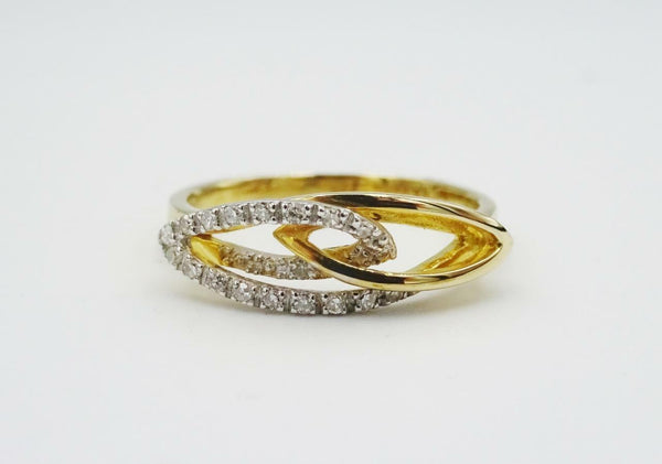 9ct Yellow White Gold Fancy 0.10ct Diamond Cross Over Marquise Ring Size M 2g - Richard Miles Jewellers